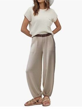 Ugerlov 2 Piece Knit Sweater Set Mock Neck Top Wide Leg Pants Beige L NWT